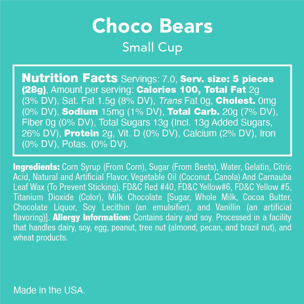Candy Club Choco Bears small cup nutrition facts, ingredients and allergy information panel
