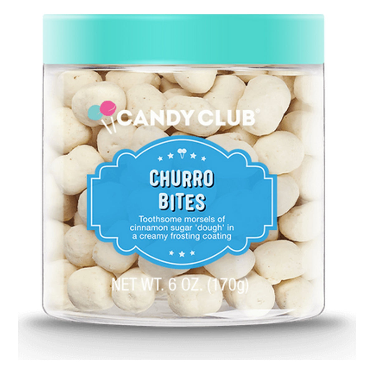 Candy Club Churro Bites 6 oz (170 g) cup closed with a teal lid, blue label, white frosting-coated bites visible through the clear sides
