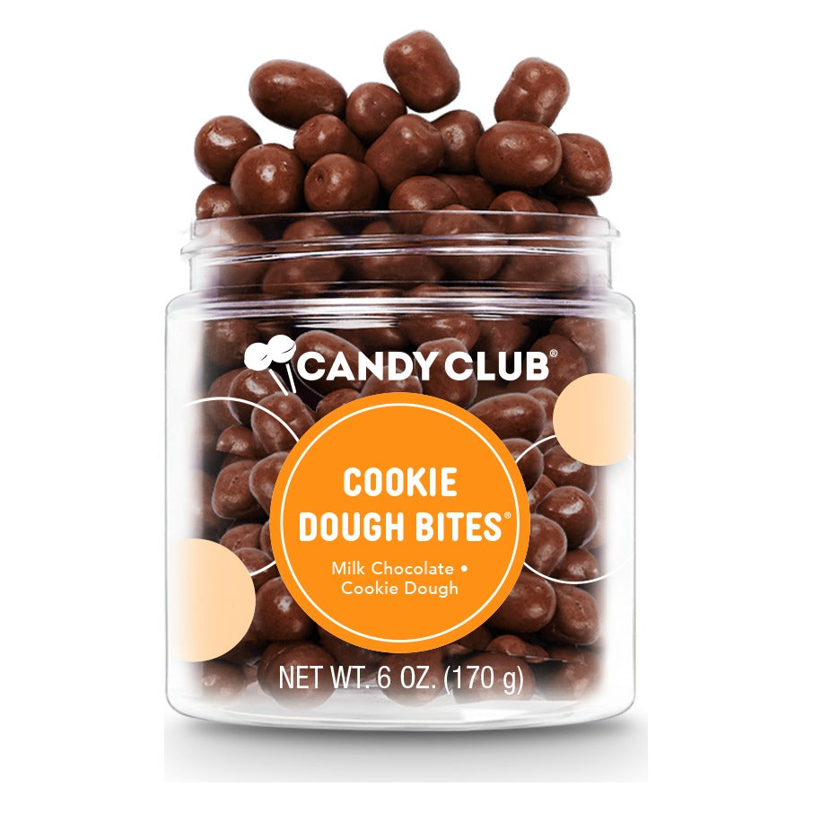 Candy Club Cookie Dough Bites 6 oz (170 g) cup, open, with milk chocolate-covered cookie dough pieces heaped above the rim and an orange label