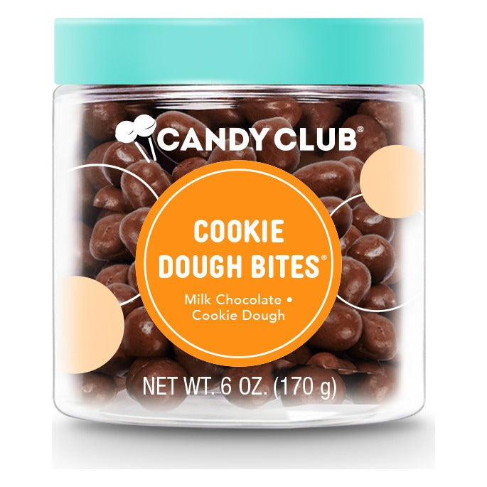Candy Club Cookie Dough Bites 6 oz (170 g) cup closed with its teal lid, front label reading Milk Chocolate, Cookie Dough