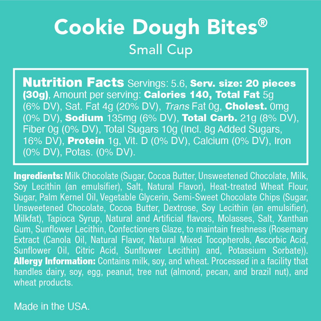 Candy Club Cookie Dough Bites small cup nutrition facts, ingredients and allergy information panel