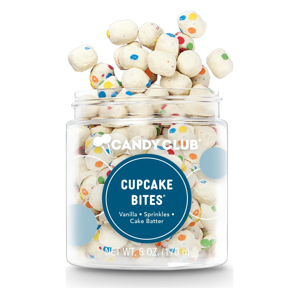 Candy Club Cupcake Bites 6 oz (170 g) cup, open, with white cake batter bites dotted with rainbow sprinkles heaped above the rim and a navy label