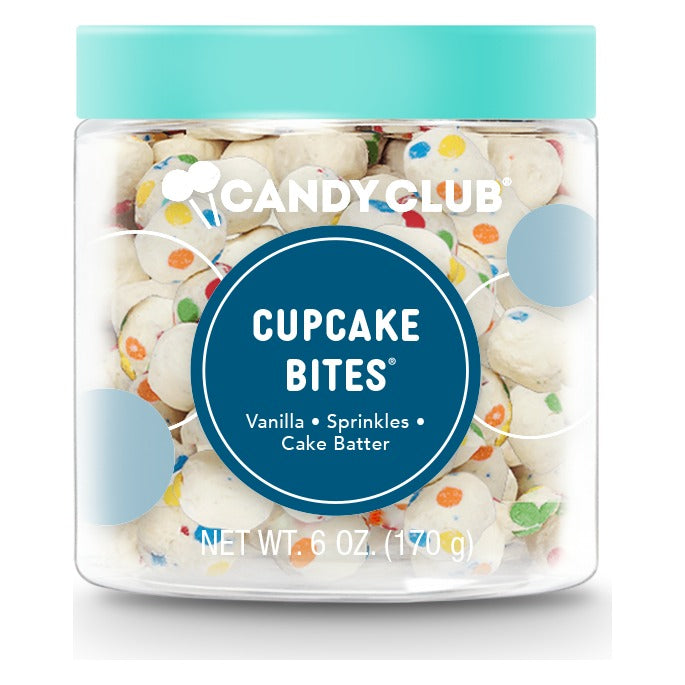 Candy Club Cupcake Bites 6 oz (170 g) cup closed with its teal lid, front label reading Vanilla, Sprinkles, Cake Batter