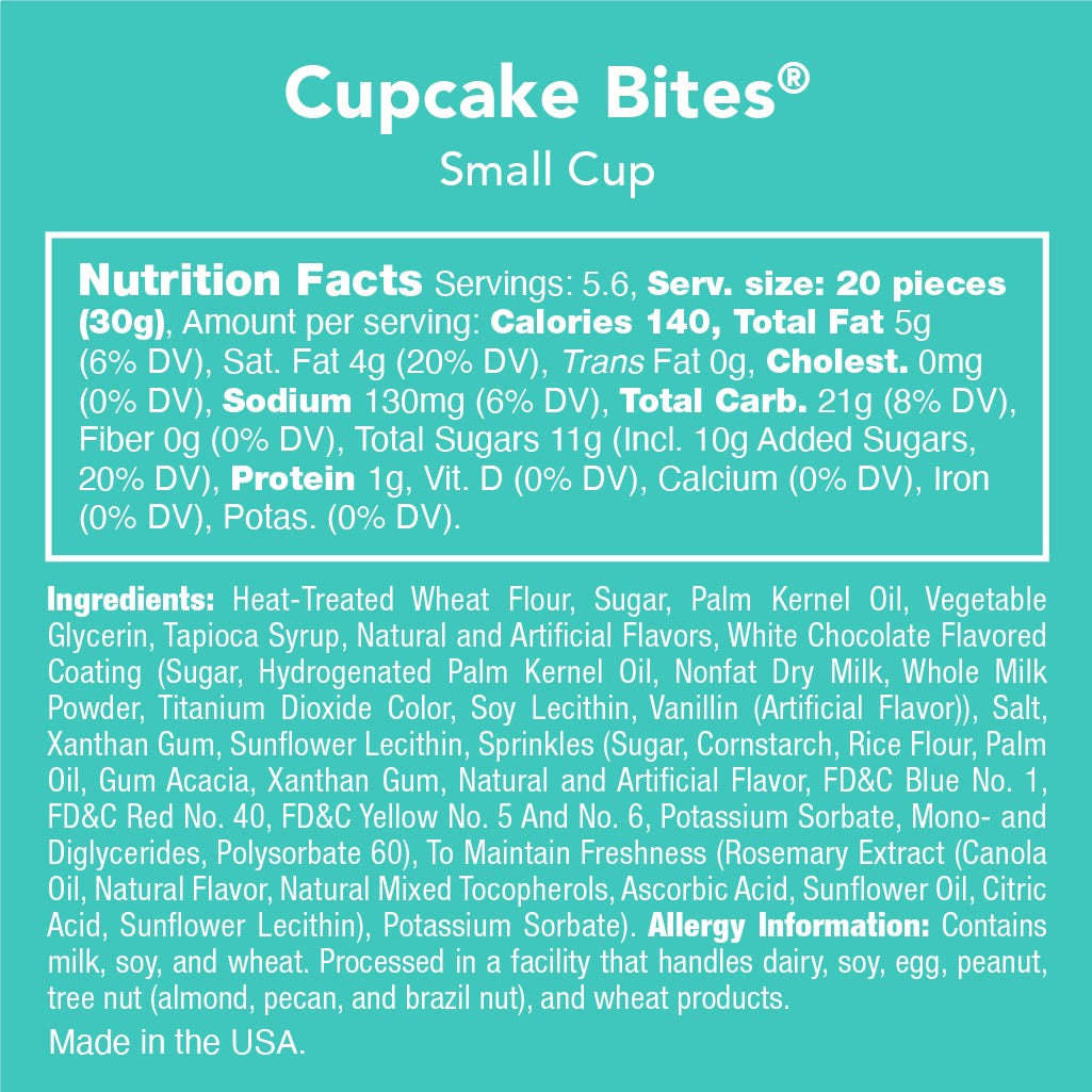 Candy Club Cupcake Bites small cup nutrition facts, ingredients and allergy information panel