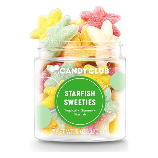 Candy Club Starfish Sweeties 6 oz cup, open, filled with sugar-sanded red, yellow, green and cream gummy starfish with a green Starfish Sweeties label