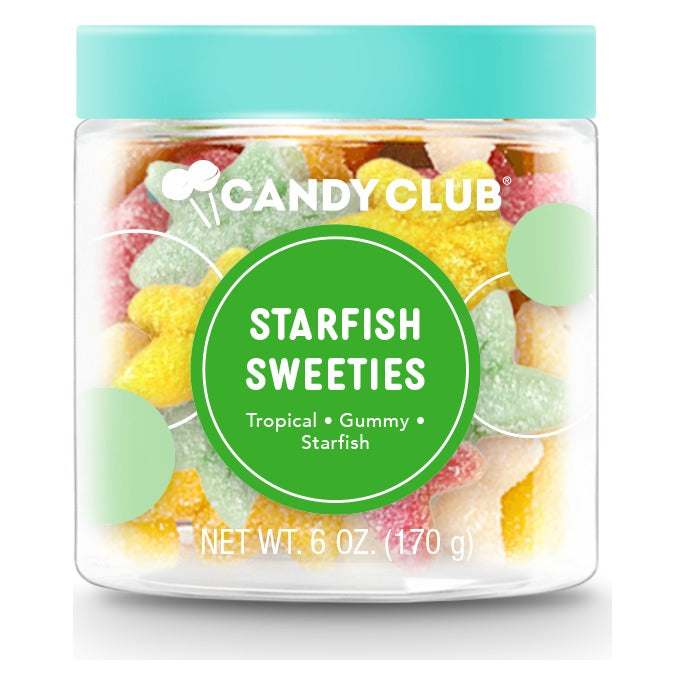 Candy Club Starfish Sweeties 6 oz cup closed with its teal lid, front label reading Tropical, Gummy, Starfish