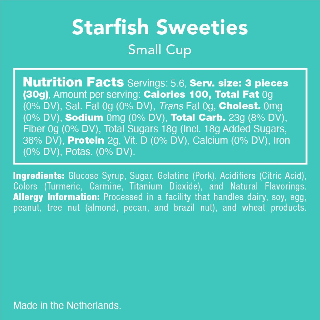 Starfish Sweeties small cup nutrition facts, ingredients and allergy information panel, made in the Netherlands