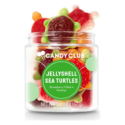 Candy Club Jellyshell Sea Turtles 5.9 oz cup, open, with red, orange, green and white gummy sea turtles and a green Strawberry Filled Gummy label