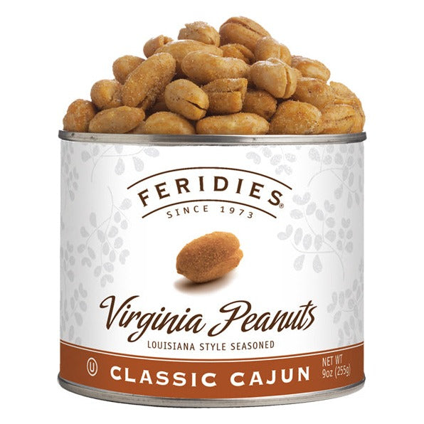 Feridies Classic Cajun Virginia Peanuts 9 oz tin in the current white label with an orange Classic Cajun band and Louisiana Style Seasoned wording, heaped with seasoned peanuts