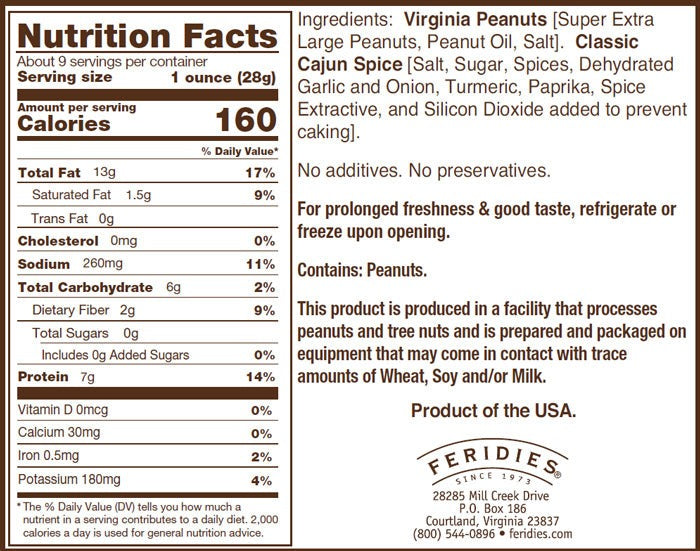Feridies Classic Cajun Virginia Peanuts 9 oz label panel with Nutrition Facts per 1 ounce serving, ingredients, allergen statement and Courtland, Virginia address