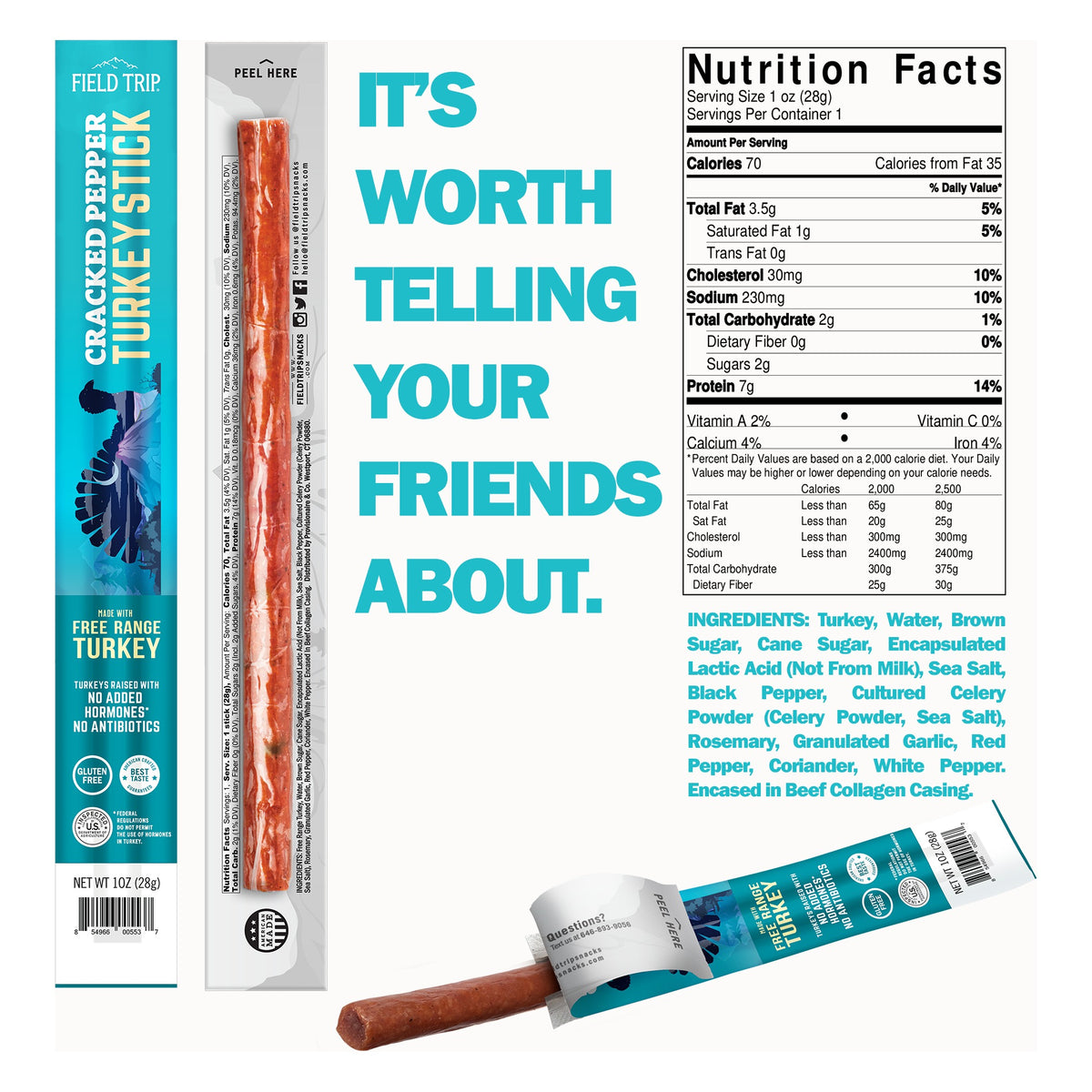 Field Trip Cracked Pepper Turkey Stick wrapper front and back with nutrition facts (70 calories, 7 g protein) and ingredient list
