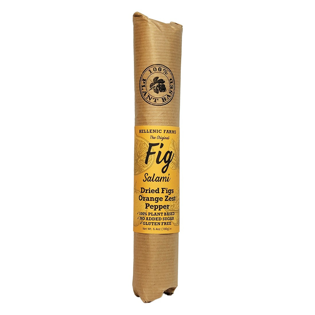 Hellenic Farms Fig Salami with Orange Zest log in kraft paper wrap with orange label reading Dried Figs, Orange Zest, Pepper, Net Wt. 6.4 oz (180 g)