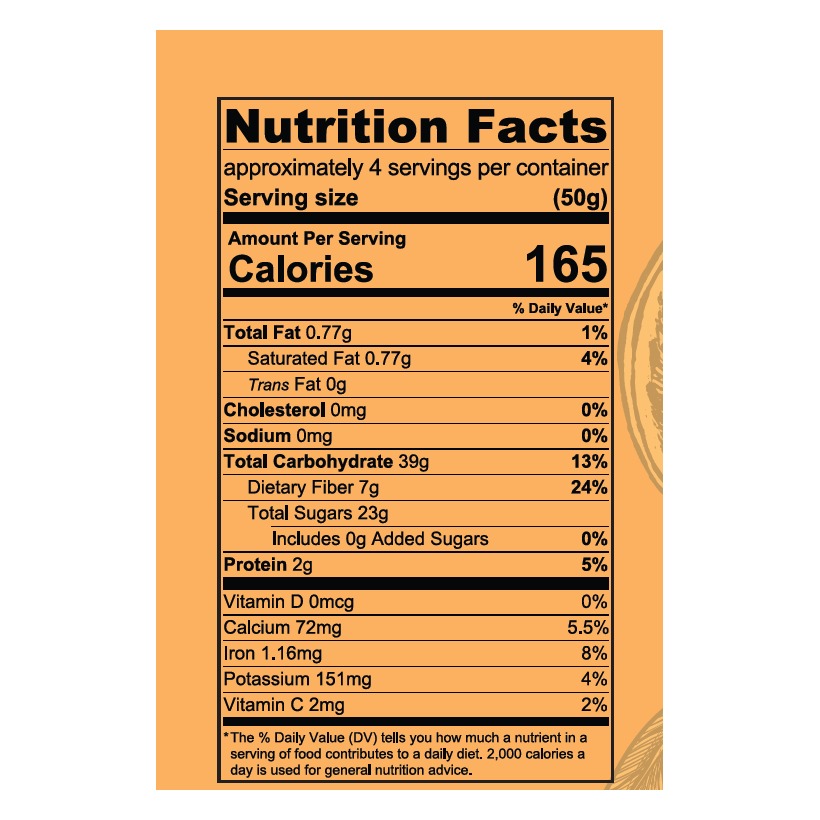 Nutrition Facts panel for Hellenic Farms Fig Salami with Orange Zest: 50 g serving, 165 calories, 0 mg sodium, 0 g added sugars