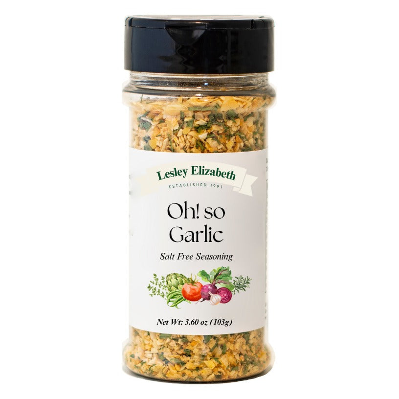 Lesley Elizabeth Oh! So Garlic Salt Free Seasoning jar with the current white label and green Lesley Elizabeth banner, Net Wt 3.60 oz (103 g)