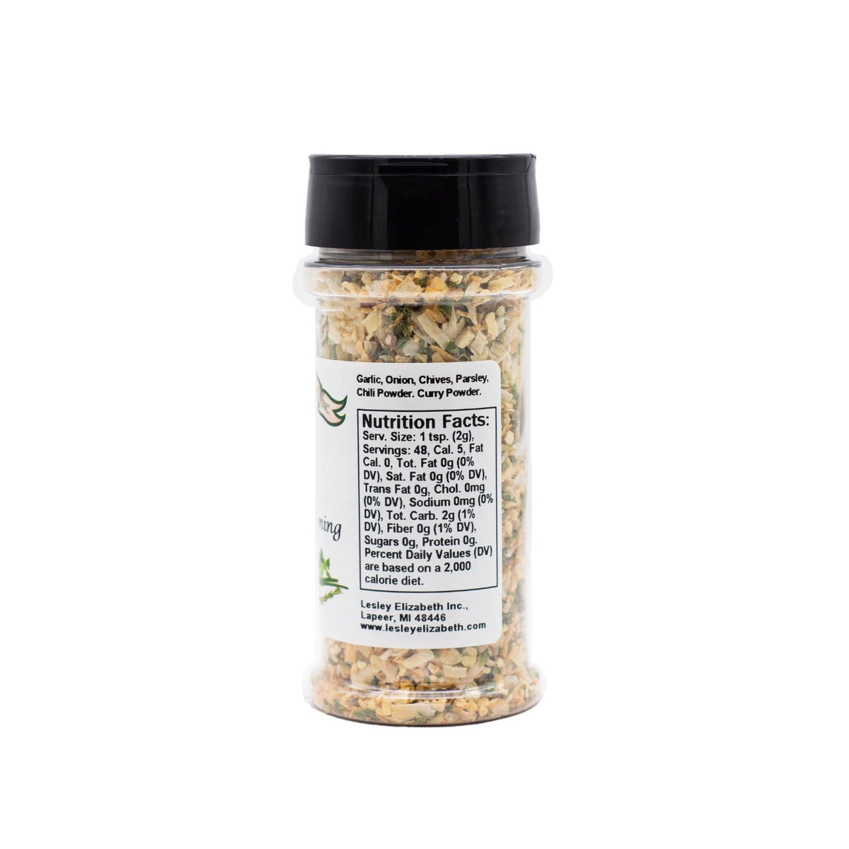 Back of a Lesley Elizabeth Oh! So Garlic Salt Free Seasoning jar (previous label design) showing the ingredient list and Nutrition Facts panel