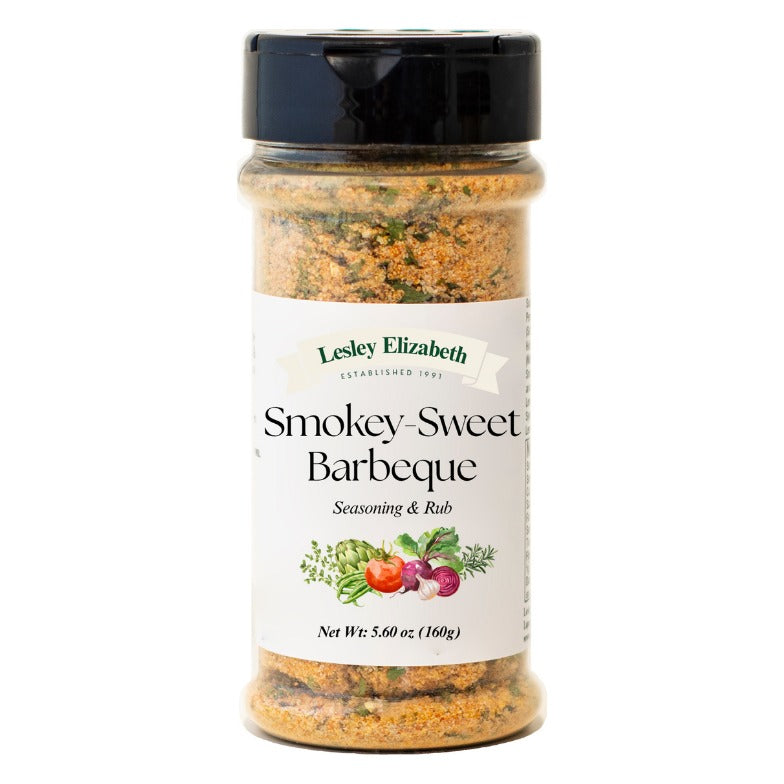 Lesley Elizabeth Smokey-Sweet Barbeque Seasoning & Rub jar with the current white label and green Lesley Elizabeth banner, Net Wt 5.60 oz (160 g)