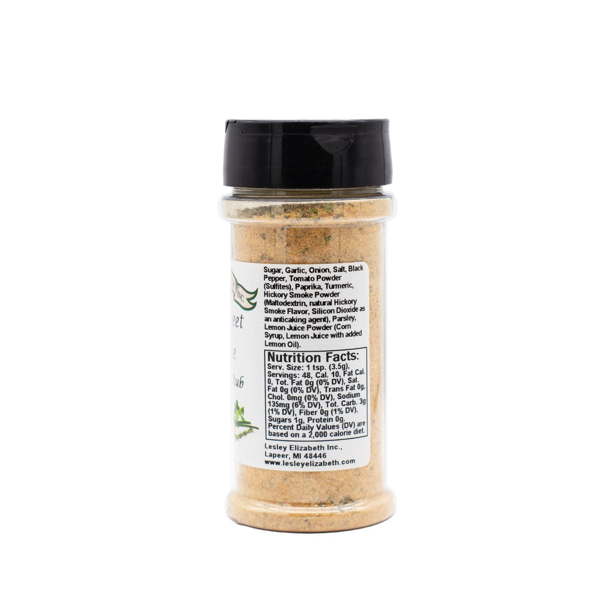 Back of a Lesley Elizabeth Smokey-Sweet Barbeque Seasoning & Rub jar (previous label design) showing the ingredient list and Nutrition Facts panel
