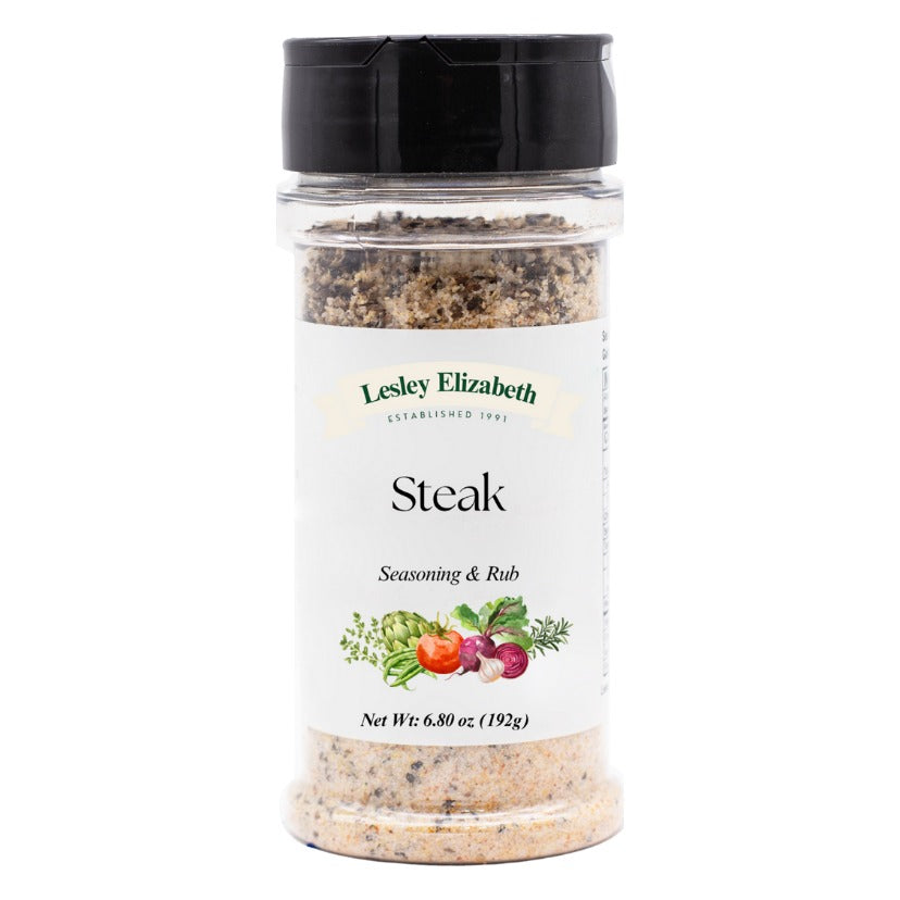 Lesley Elizabeth Steak Seasoning & Rub jar with the current white label and green Lesley Elizabeth banner, Net Wt 6.80 oz (192 g)