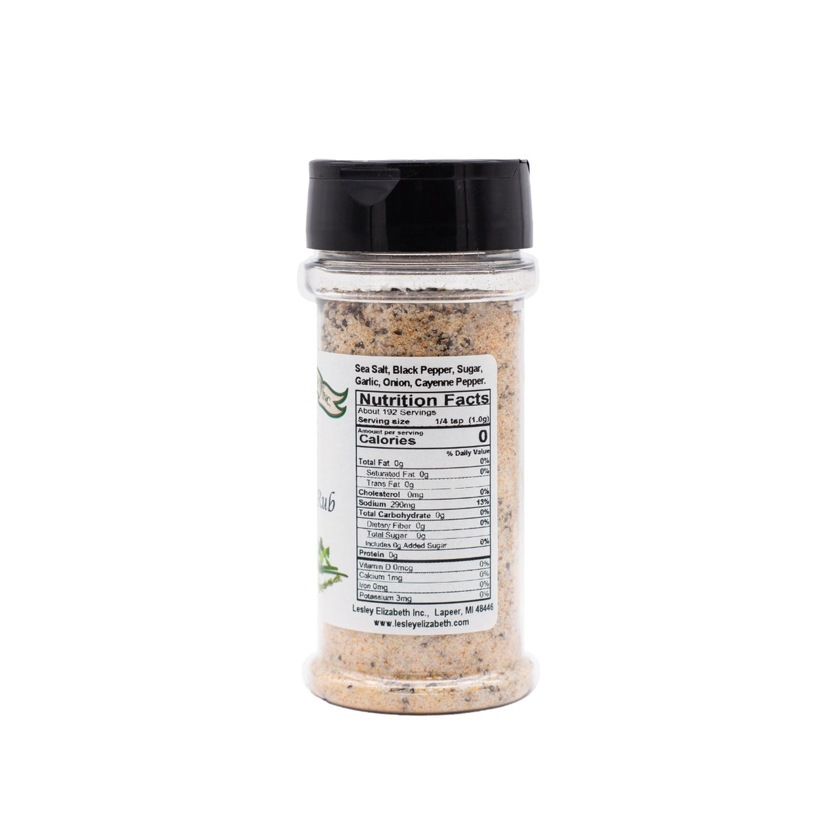 Back of a Lesley Elizabeth Steak Seasoning & Rub jar (previous label design) showing the ingredient list and Nutrition Facts panel