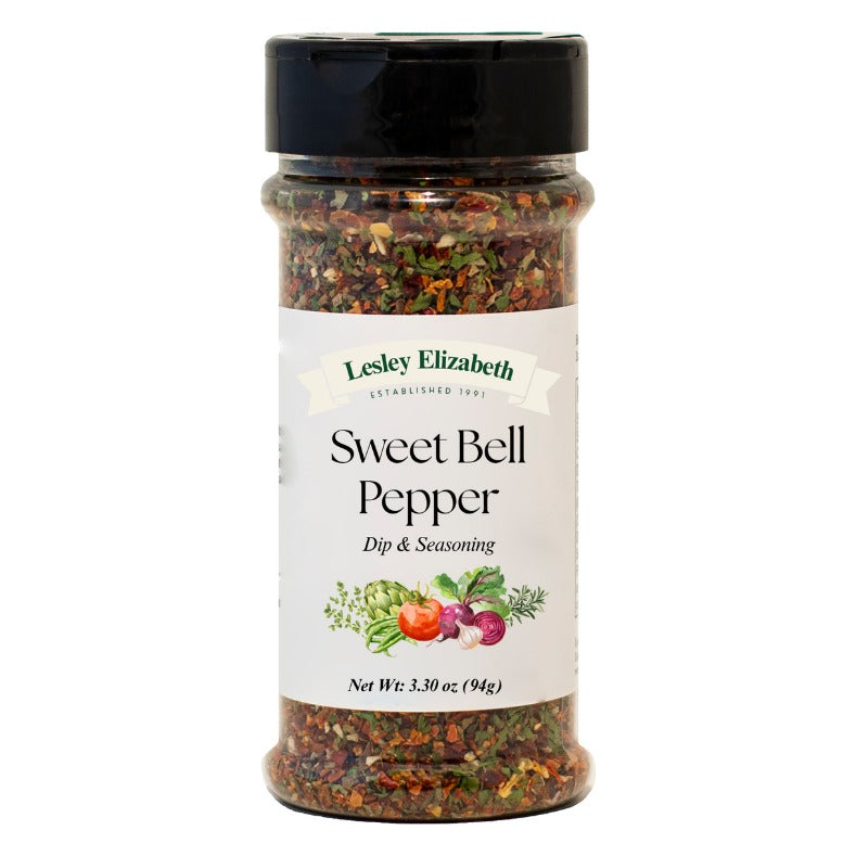 Lesley Elizabeth Sweet Bell Pepper Dip & Seasoning jar with the current white label and green Lesley Elizabeth banner, Net Wt 3.30 oz (94 g)