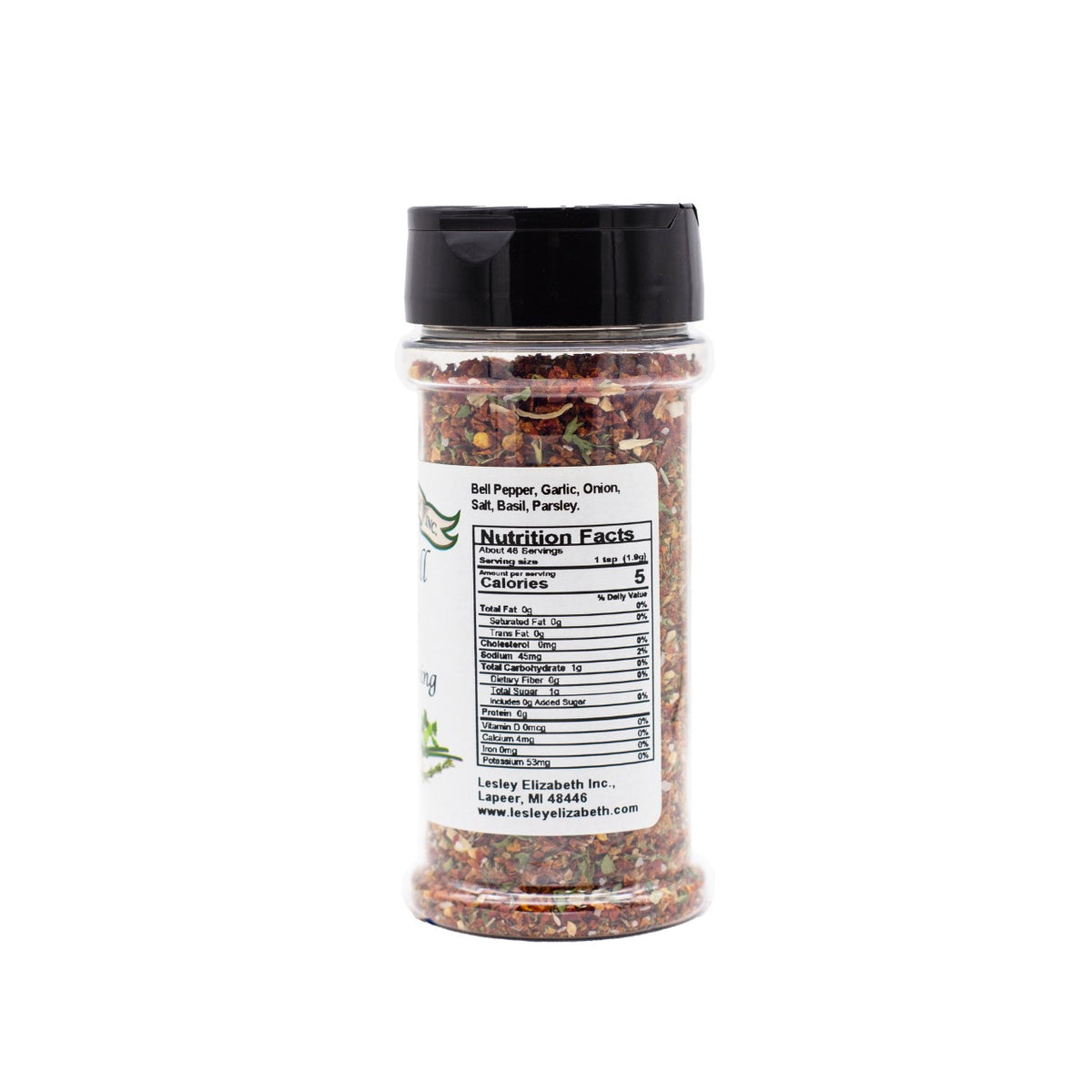 Back of a Lesley Elizabeth Sweet Bell Pepper Dip & Seasoning jar (previous label design) showing the ingredient list and Nutrition Facts panel