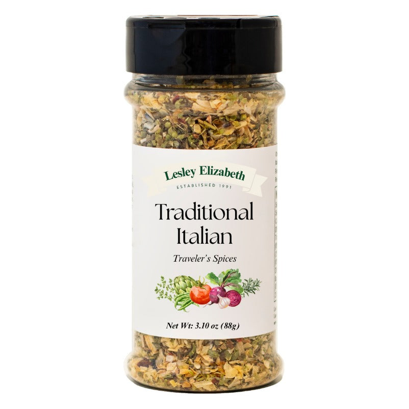 Lesley Elizabeth Traditional Italian Traveler's Spices jar with the current white label and green Lesley Elizabeth banner, Net Wt 3.10 oz (88 g)