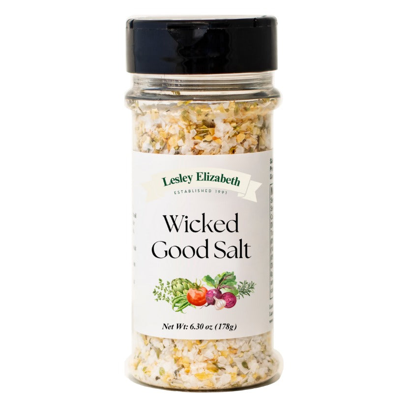 Lesley Elizabeth Wicked Good Salt jar with the current white label and green Lesley Elizabeth banner, Net Wt 6.30 oz (178 g)