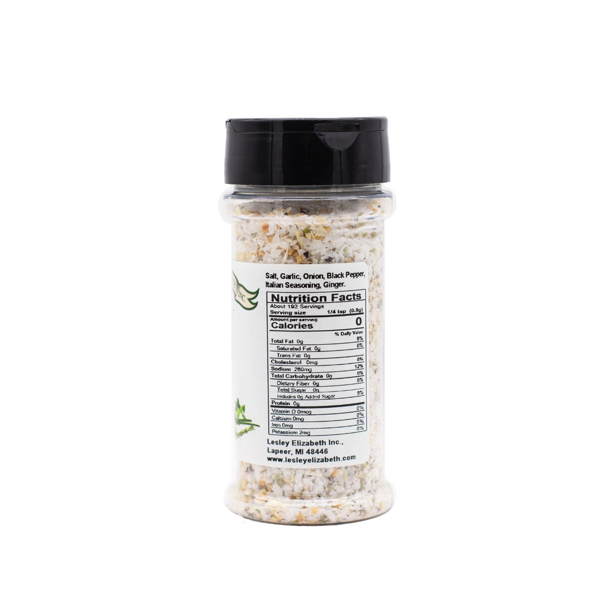 Back of a Lesley Elizabeth Wicked Good Salt jar (previous label design) showing the ingredient list and Nutrition Facts panel