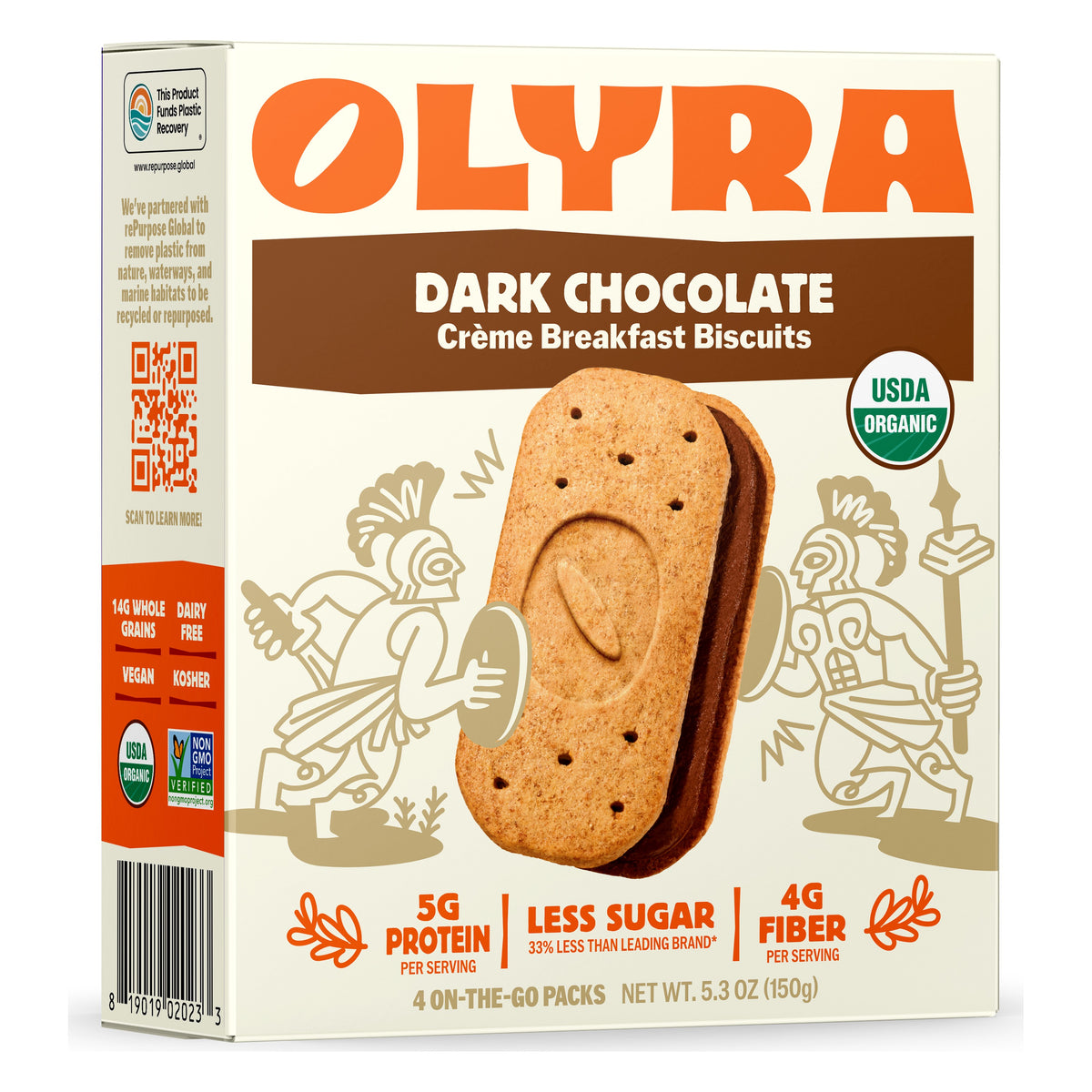 Olyra Dark Chocolate Crème Breakfast Biscuits box in the current cream and orange design, showing a dark chocolate sandwich biscuit, 4 on-the-go packs, net wt. 5.3 oz (150 g)