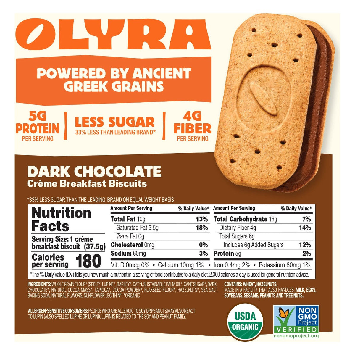Olyra Dark Chocolate Crème Breakfast Biscuits nutrition facts, ingredients and allergen statement, with USDA Organic and Non-GMO Project Verified marks