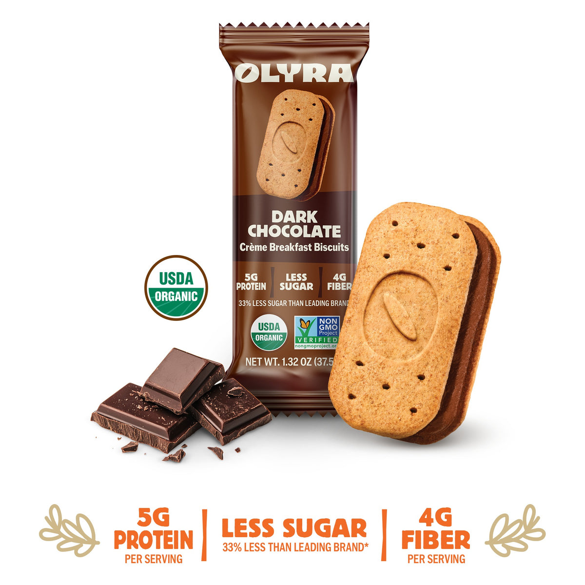 Individually wrapped 1.32 oz Olyra Dark Chocolate Crème Breakfast Biscuit pack beside an unwrapped sandwich biscuit and dark chocolate pieces