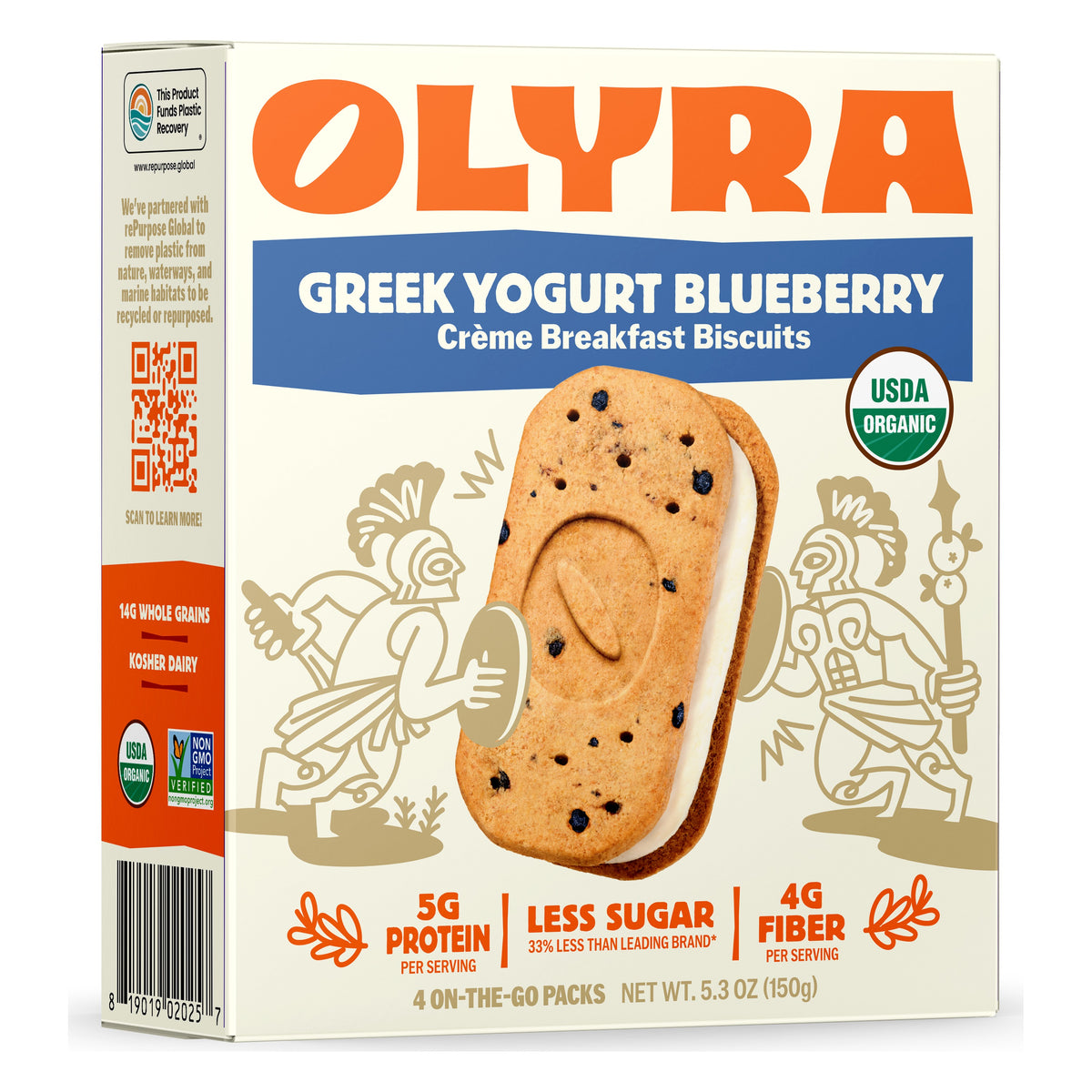 Olyra Greek Yogurt Blueberry Crème Breakfast Biscuits box in the current cream and blue design, showing a blueberry sandwich biscuit with white crème, net wt. 5.3 oz (150 g)
