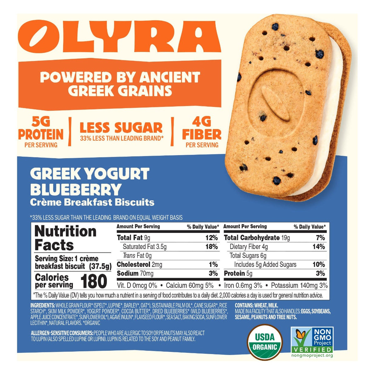 Olyra Greek Yogurt Blueberry Crème Breakfast Biscuits nutrition facts, ingredients and allergen statement (contains wheat and milk)
