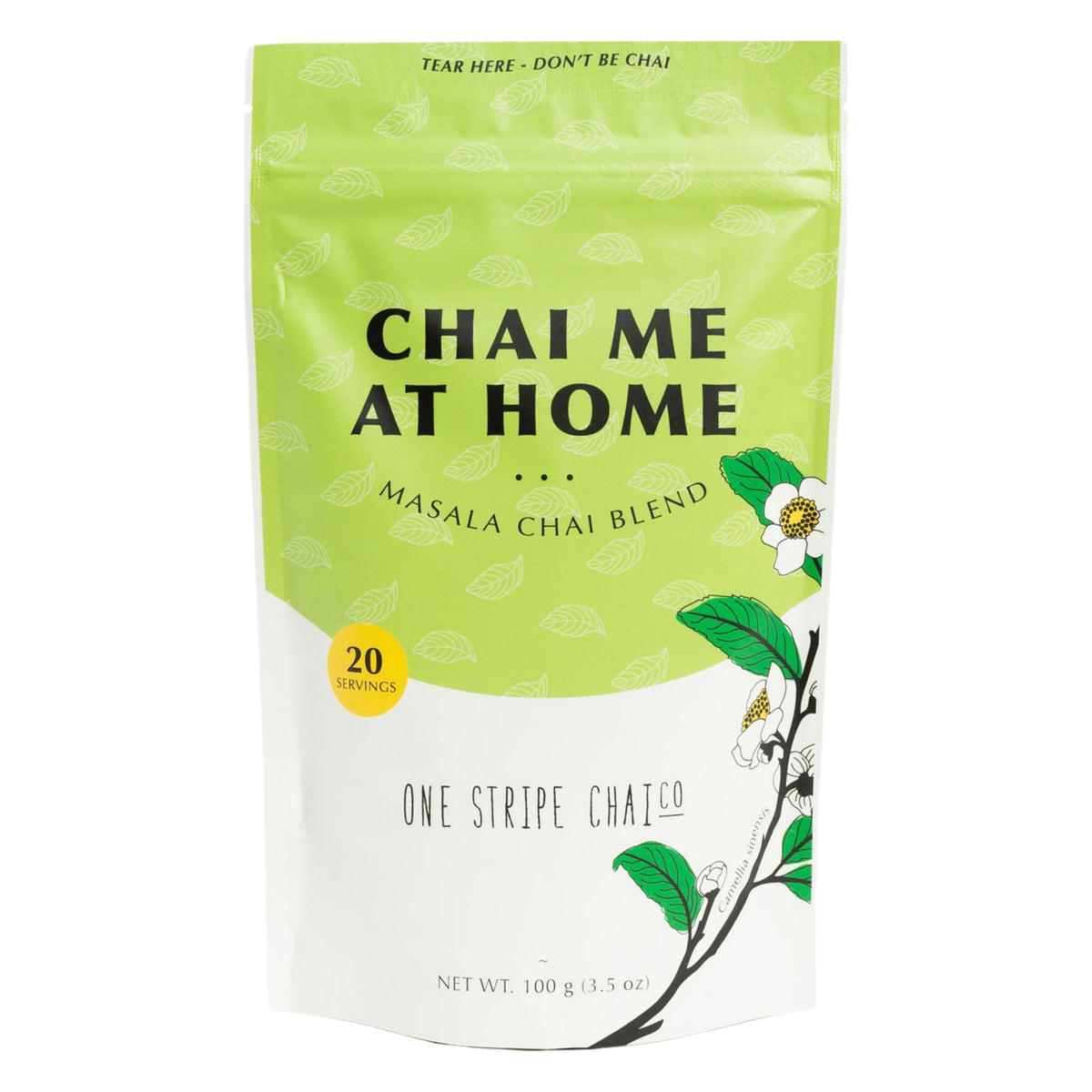 Front of the One Stripe Chai Co. Chai Me At Home masala chai blend bag, lime-green stand-up pouch marked 20 servings, net wt 100 g (3.5 oz)