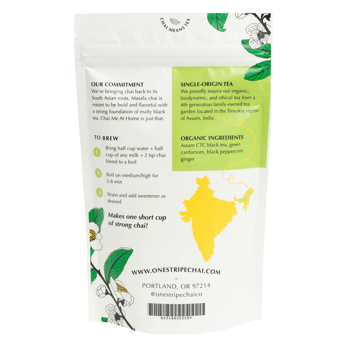 Back of the Chai Me At Home 100 g bag with brewing steps, the ingredient list (Assam CTC black tea, green cardamom, black peppercorn, ginger) and a map of Assam, India