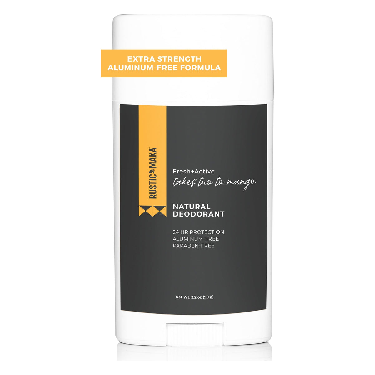 Rustic MAKA Takes Two To Mango Fresh + Active natural deodorant stick with a charcoal-grey and mango-yellow label, net wt 3.2 oz (90 g)