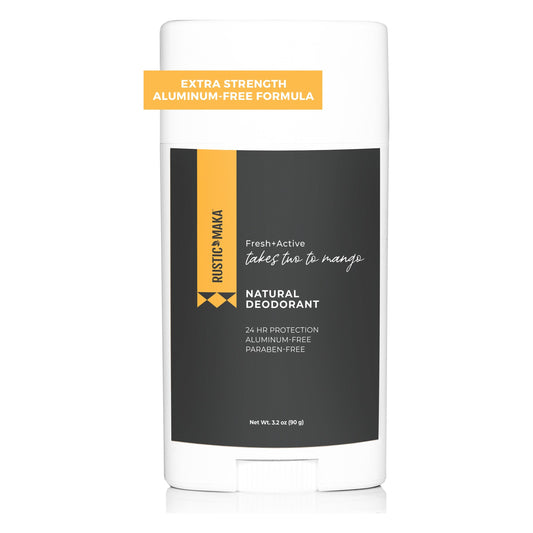 Rustic MAKA Takes Two To Mango Fresh + Active natural deodorant stick with a charcoal-grey and mango-yellow label, net wt 3.2 oz (90 g)
