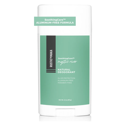 Rustic MAKA SoothingCare Mystic River natural deodorant stick with a sage-green label, net wt 3.2 oz (90 g)