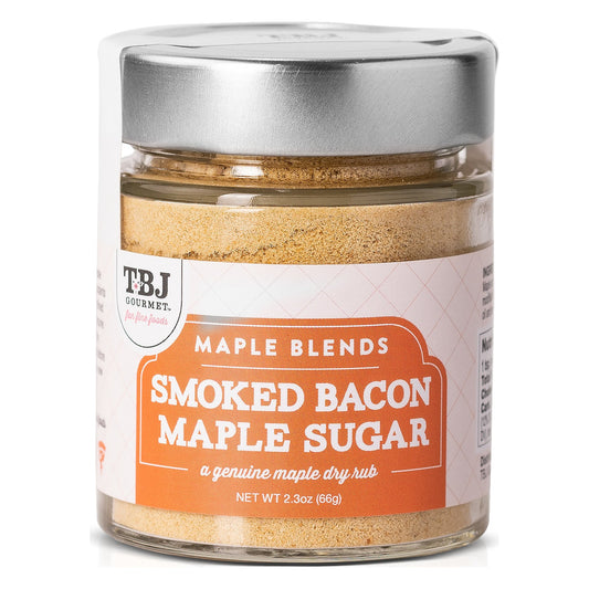 TBJ Gourmet Smoked Bacon Maple Sugar jar with a silver lid and orange Maple Blends label reading a genuine maple dry rub, net wt 2.3 oz (66 g)
