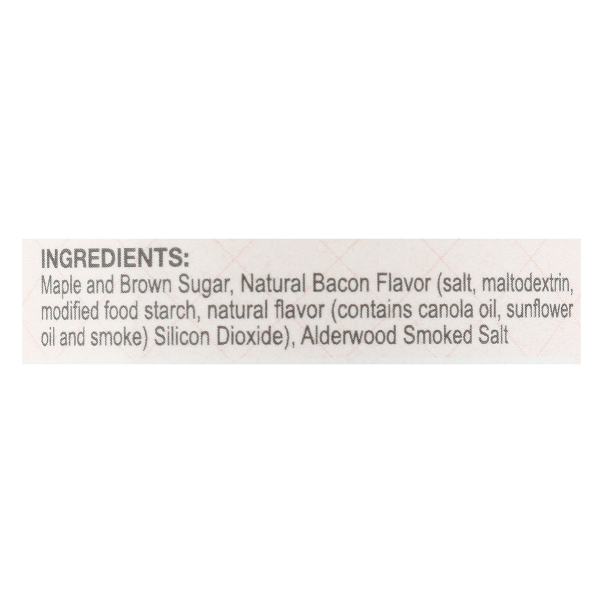 Ingredient panel from the TBJ Gourmet Smoked Bacon Maple Sugar label: maple and brown sugar, natural bacon flavor, alderwood smoked salt