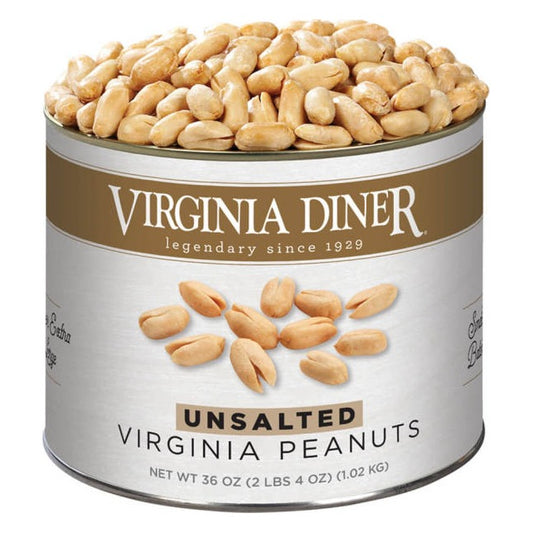 Virginia Diner Unsalted Virginia Peanuts 36 oz tin with gold band label, filled to the top with plain blistered peanuts; label reads Net Wt 36 oz (2 lbs 4 oz) (1.02 kg)