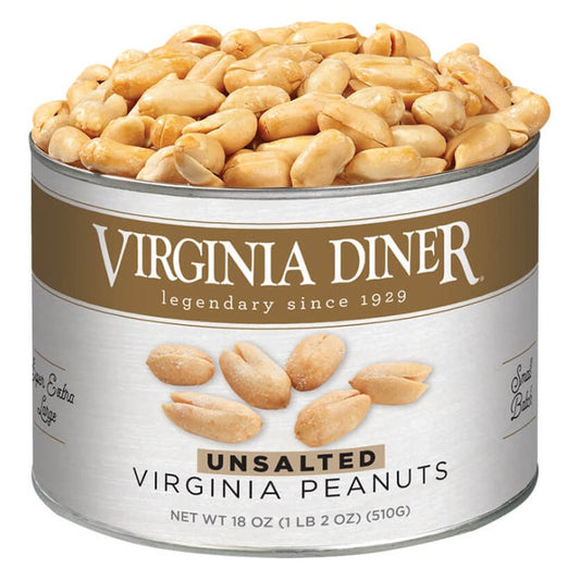 Virginia Diner Unsalted Virginia Peanuts 18 oz tin with gold band label, heaped with plain blistered peanuts; label reads Net Wt 18 oz (1 lb 2 oz) (510 g)