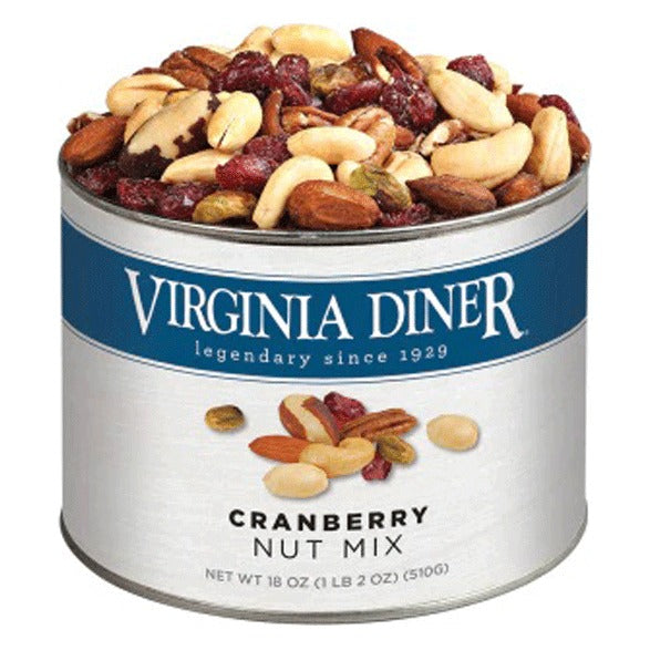 Virginia Diner Cranberry Nut Mix 18 oz tin with blue band label, heaped with Brazil nuts, cashews, almonds, pecans, pistachios, peanuts and dried cranberries