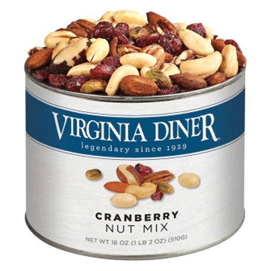 Virginia Diner Cranberry Nut Mix 18 oz tin with blue band label, heaped with Brazil nuts, cashews, almonds, pecans, pistachios, peanuts and dried cranberries