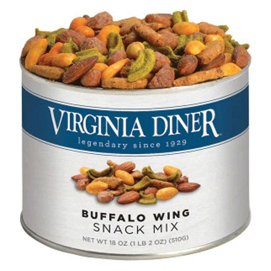 Virginia Diner Buffalo Wing Snack Mix 18 oz tin with blue band label, heaped with orange-seasoned peanuts, sesame sticks and green guacamole bites