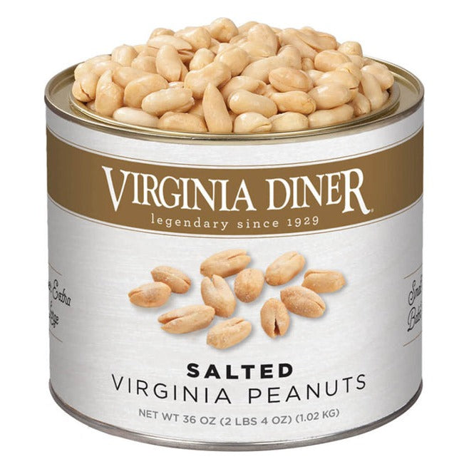 Virginia Diner Salted Virginia Peanuts 36 oz tin with gold band label, filled with blistered salted peanuts; label reads Net Wt 36 oz (2 lbs 4 oz) (1.02 kg)