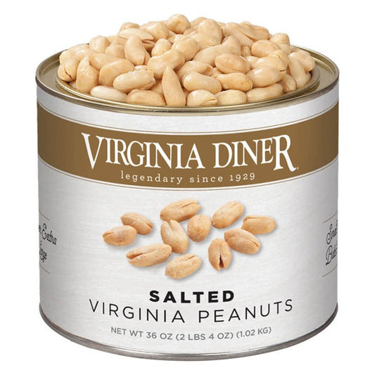 Virginia Diner Salted Virginia Peanuts 36 oz tin with gold band label, filled with blistered salted peanuts; label reads Net Wt 36 oz (2 lbs 4 oz) (1.02 kg)