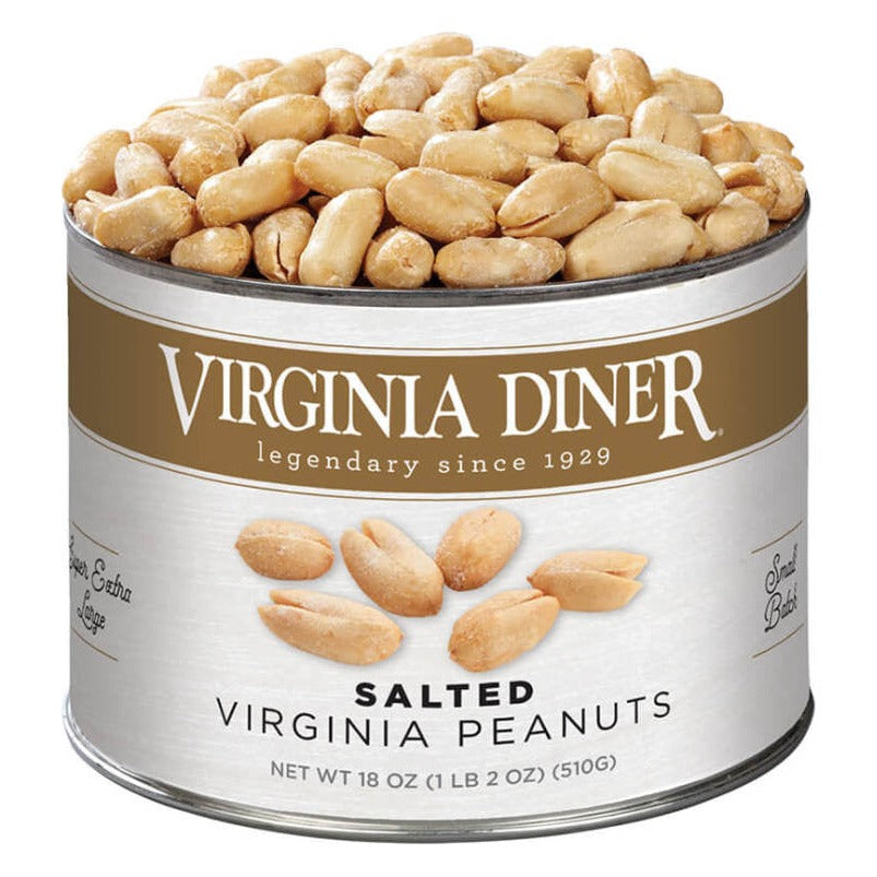 Virginia Diner Salted Virginia Peanuts 18 oz tin with gold band label, heaped with blistered salted peanuts; label reads Net Wt 18 oz (1 lb 2 oz) (510 g)