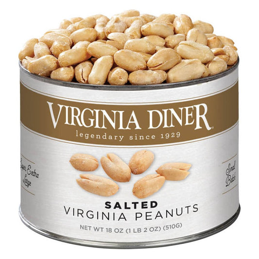 Virginia Diner Salted Virginia Peanuts 18 oz tin with gold band label, heaped with blistered salted peanuts; label reads Net Wt 18 oz (1 lb 2 oz) (510 g)