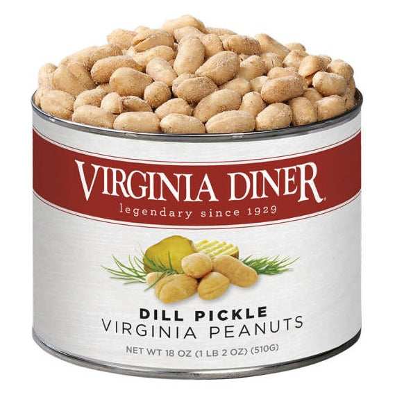 Virginia Diner Dill Pickle Virginia Peanuts 18 oz tin with red band label showing pickle slices and dill, heaped with seasoned peanuts